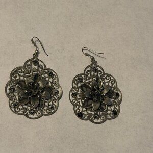 Silver Filigree Boho Flower Medallion Dangle Earrings